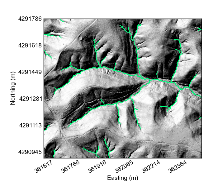 Map of Indian Creek with channel network extracted from DrEICH algorithm