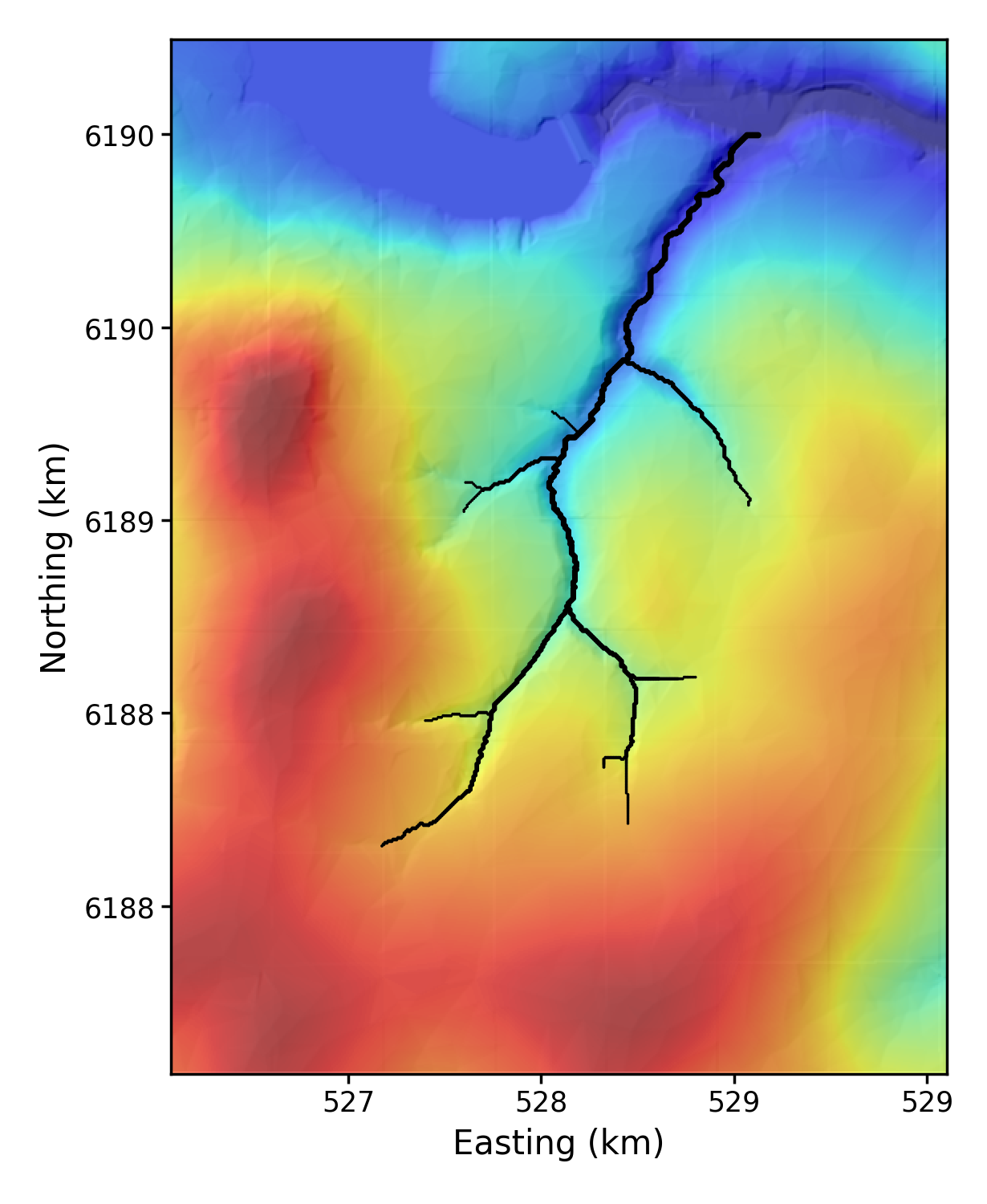 Channels over a hillshade