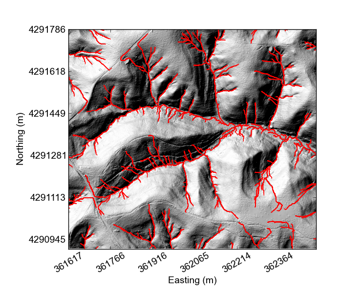 Map of Indian Creek with channel network extracted from threshold area