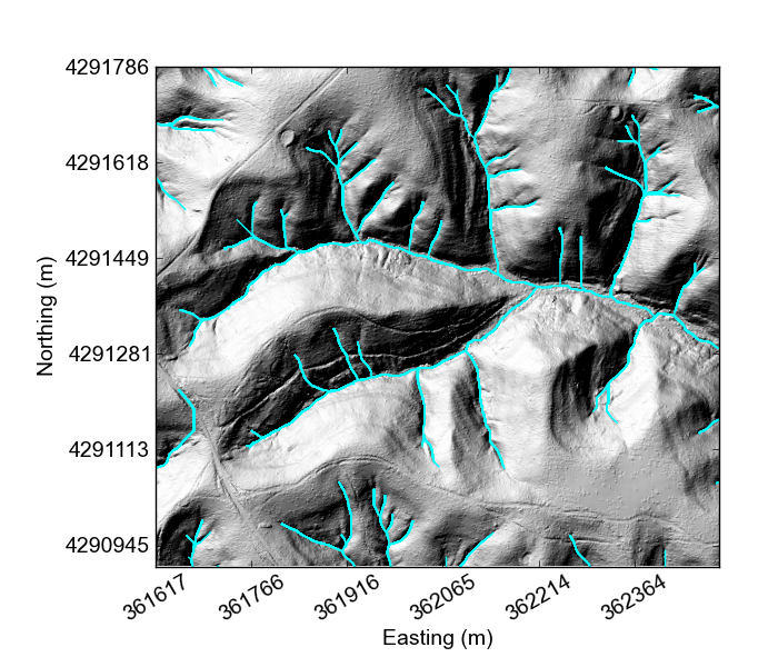 Map of Indian Creek with channel network extracted from Pelletier algorithm