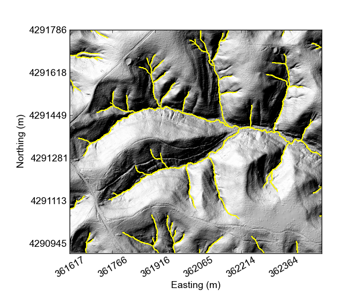 Map of Indian Creek with channel network extracted from LSDTopoTools geometric algorithm with an Optimal Wiener filter